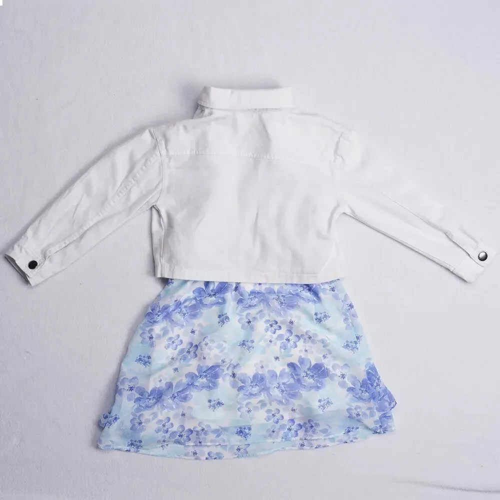 Knitworks Girls Blue Floral Halter Dress & White Denim Jacket Set Sz 6